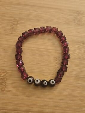 Acrylic Purple Beaded Evil Eye Stretch Bracelet